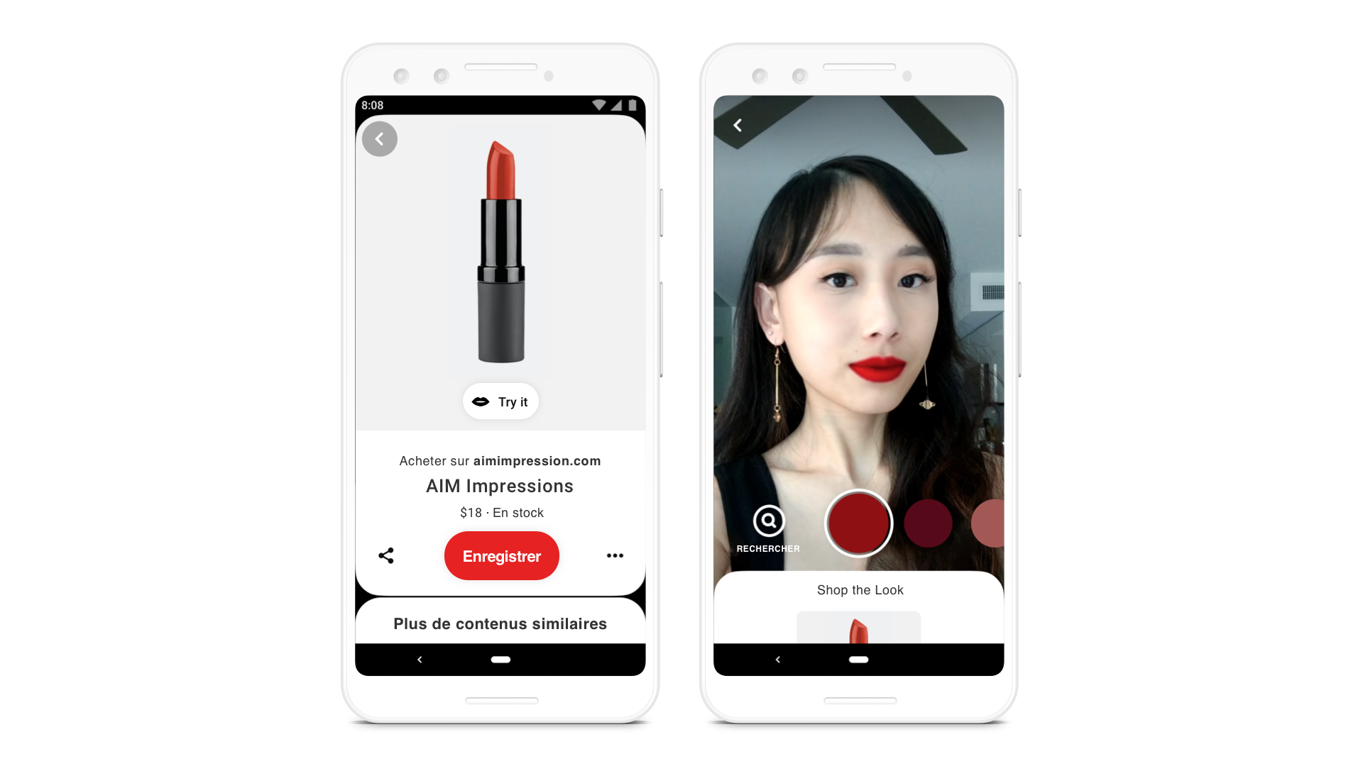 Utilisez la fonctionnalité Essai virtuel pour acheter un rouge à lèvres (à gauche), essayez une couleur de rouge à lèvres (au milieu) et recherchez des Épingles présentant un produit similaire (à droite)