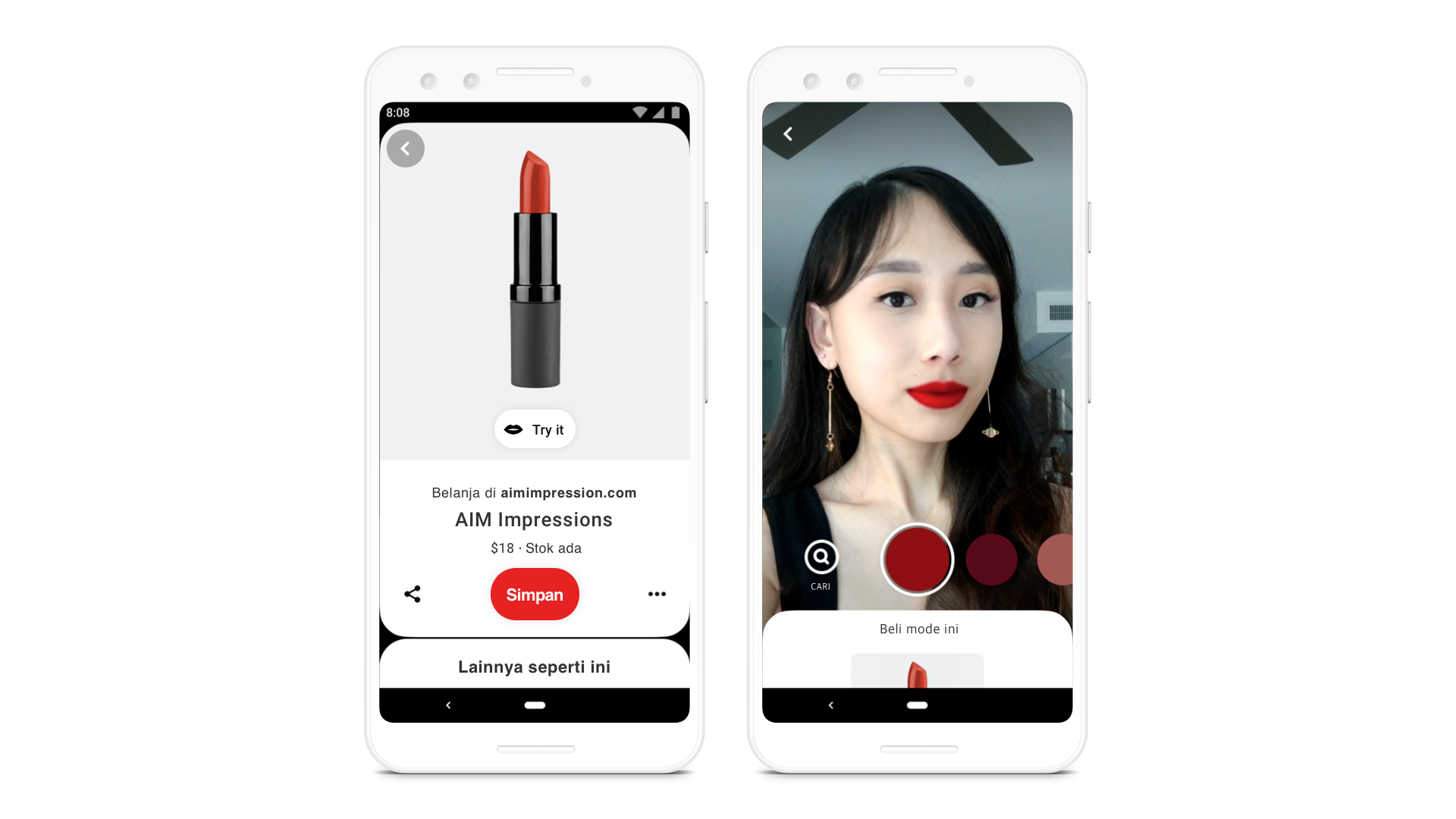 Menggunakan fitur Coba untuk berbelanja lipstik (sebelah kiri), mencoba warna lipstik (tengah), dan mencari pin produk serupa (sebelah kanan)