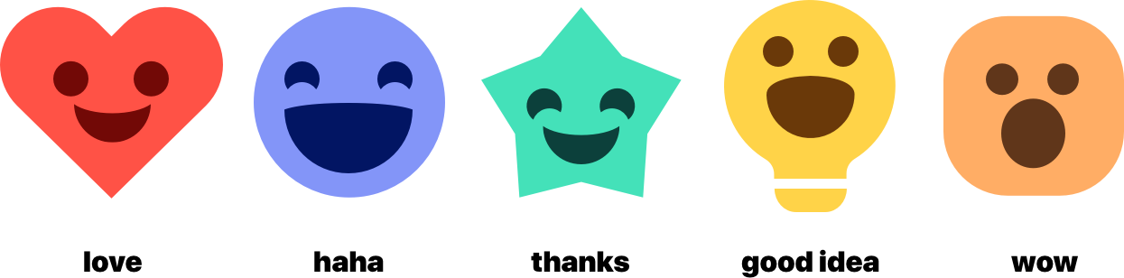React to a Pin in different ways. Left to right: Select heart for love, laughing face for haha, star for thanks, lightbulb for good idea, or surprised face for wow.