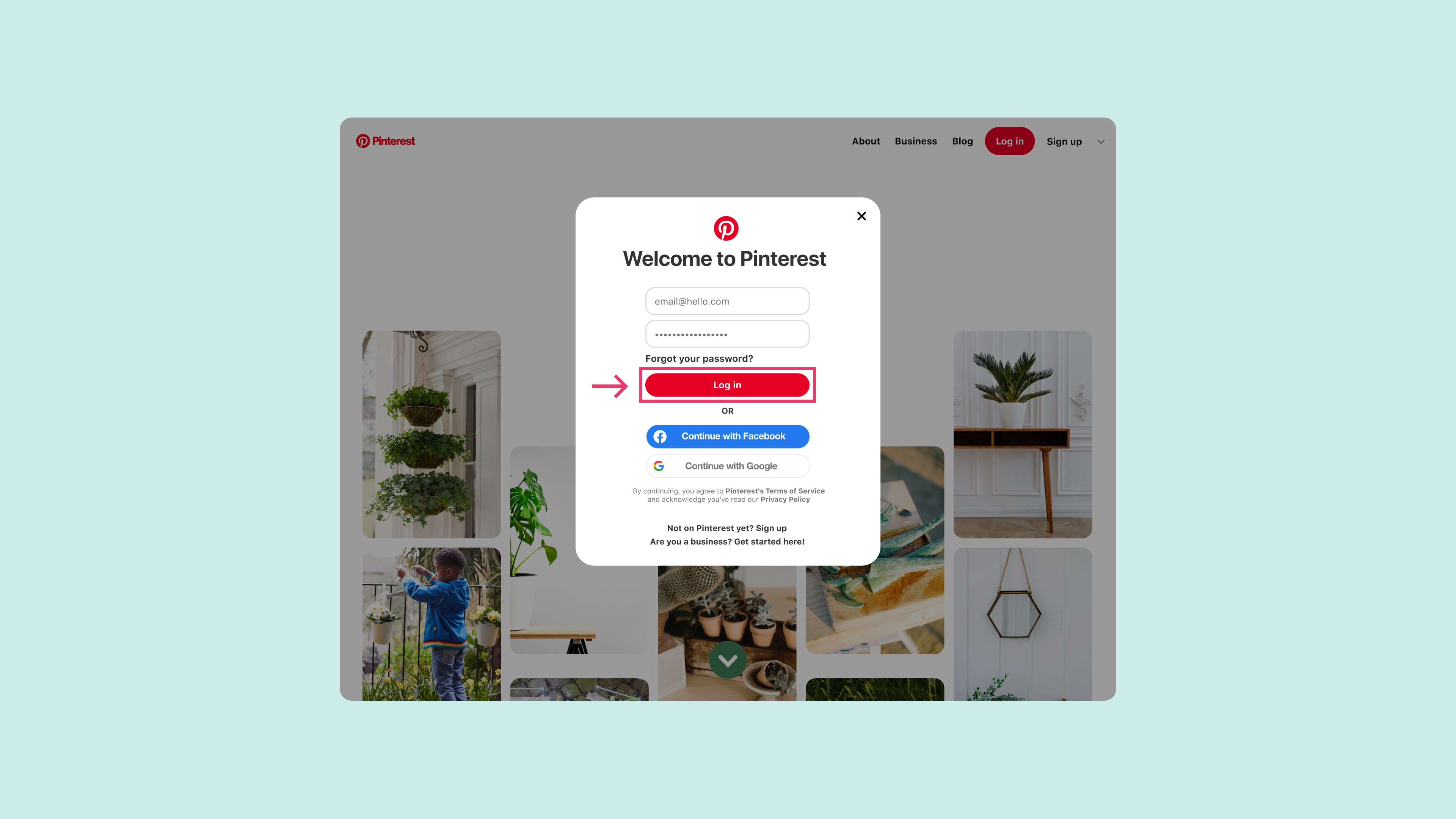 A red arrow pointing to the red 'Log in' button to log in to Pinterest.