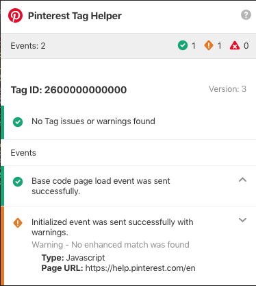 Estensione Pinterest Tag Helper per Chrome con l'utilizzo di Corrispondenza avanzata che mostra che il parametro em è vuoto.